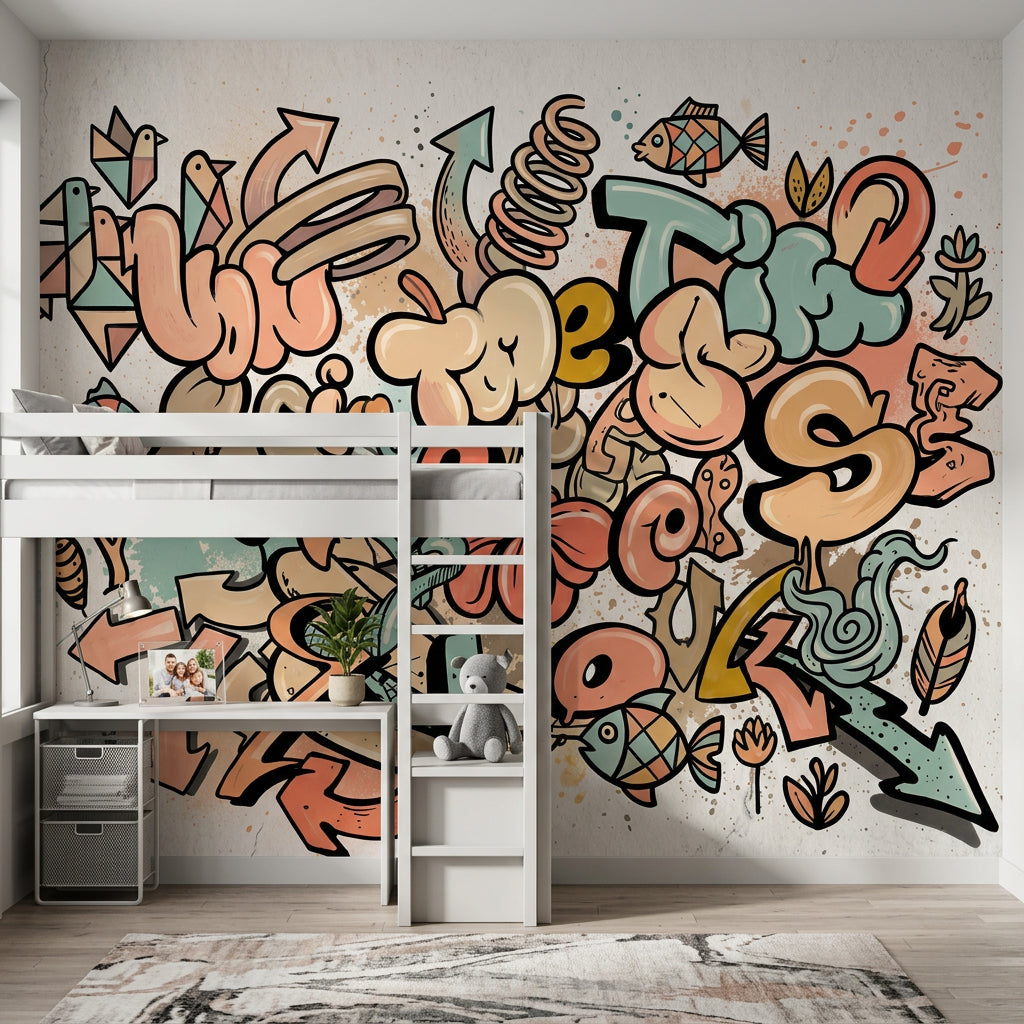 Abstract Graffiti Wallpaper Bubble Lettering Arrows Wall Mural