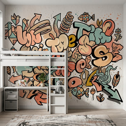 Abstract Graffiti Wallpaper Bubble Lettering Arrows Wall Mural