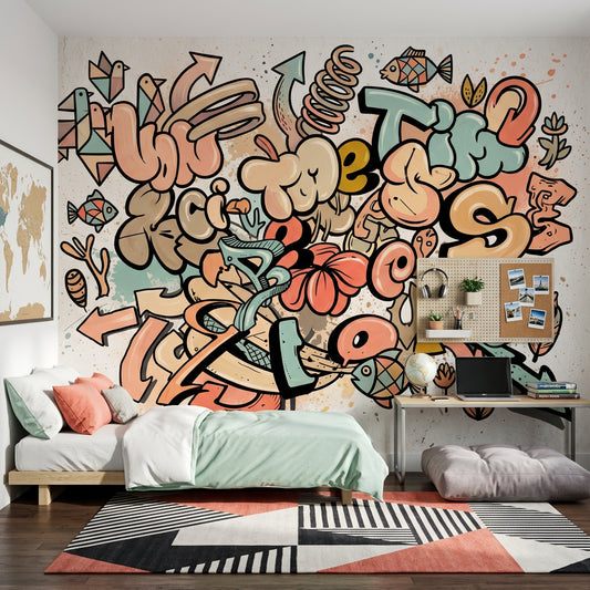 Abstract Graffiti Wallpaper Bubble Lettering Arrows Wall Mural