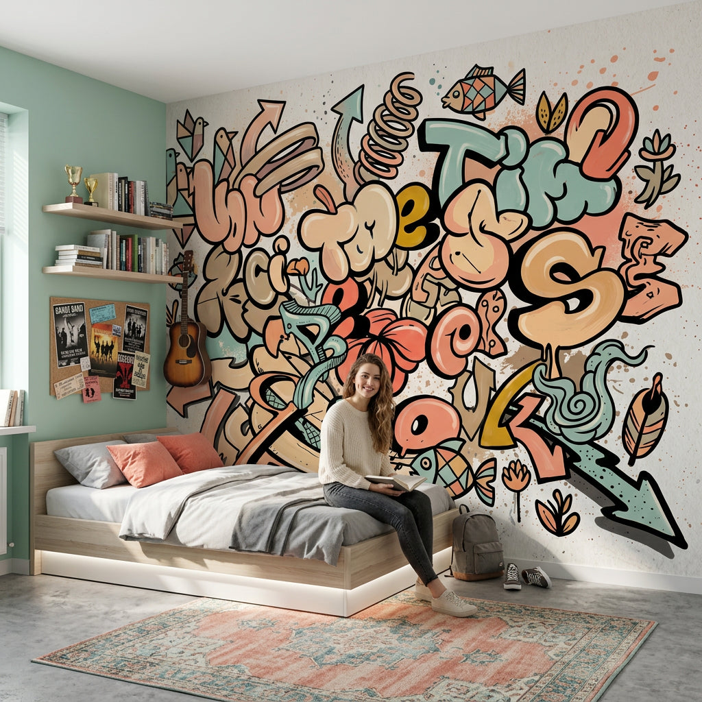 Abstract Graffiti Wallpaper Bubble Lettering Arrows Wall Mural