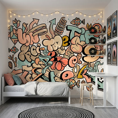 Abstract Graffiti Wallpaper Bubble Lettering Arrows Wall Mural