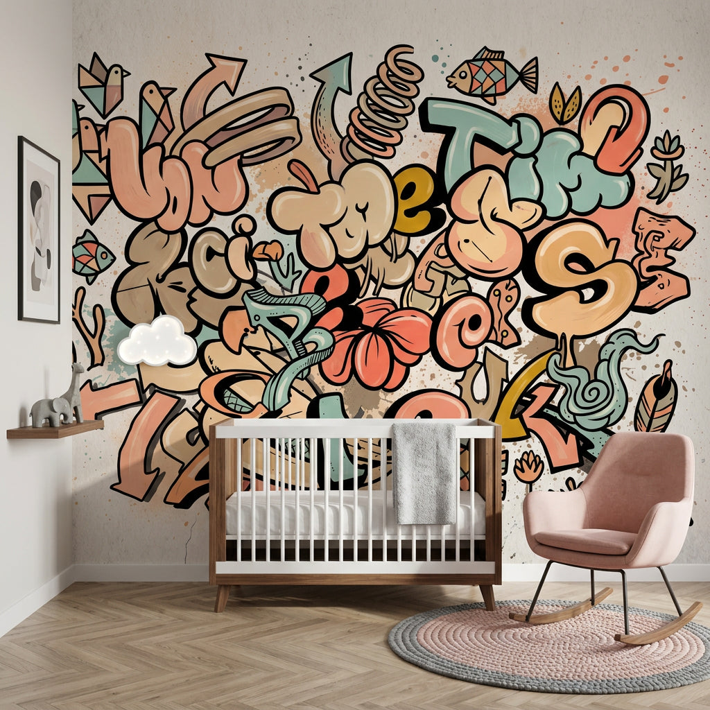 Abstract Graffiti Wallpaper Bubble Lettering Arrows Wall Mural