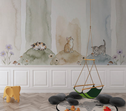 Kittens Wallpaper Watercolor Removable Pastel Wall Decor
