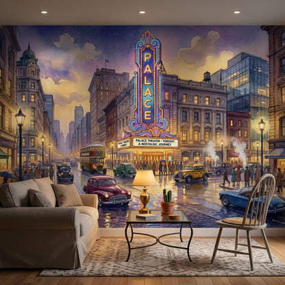 Vintage Cityscape Wallpaper Theater Marquee Rainy Street Reflections Wall Mural