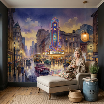 Vintage Cityscape Wallpaper Theater Marquee Rainy Street Reflections Wall Mural