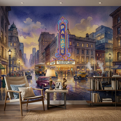Vintage Cityscape Wallpaper Theater Marquee Rainy Street Reflections Wall Mural