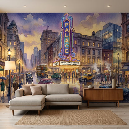Vintage Cityscape Wallpaper Theater Marquee Rainy Street Reflections Wall Mural