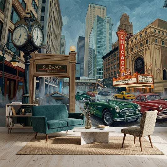 Chicago Cityscape Wallpaper Urban Street Theater Marquee Removable Wall Decor