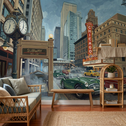 Chicago Cityscape Wallpaper Urban Street Theater Marquee Removable Wall Decor