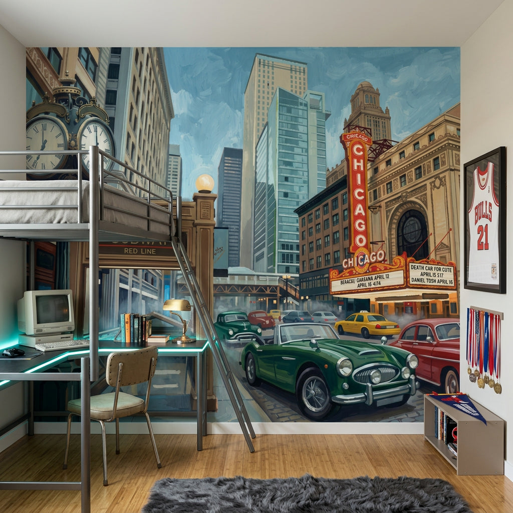 Chicago Cityscape Wallpaper Urban Street Theater Marquee Removable Wall Decor