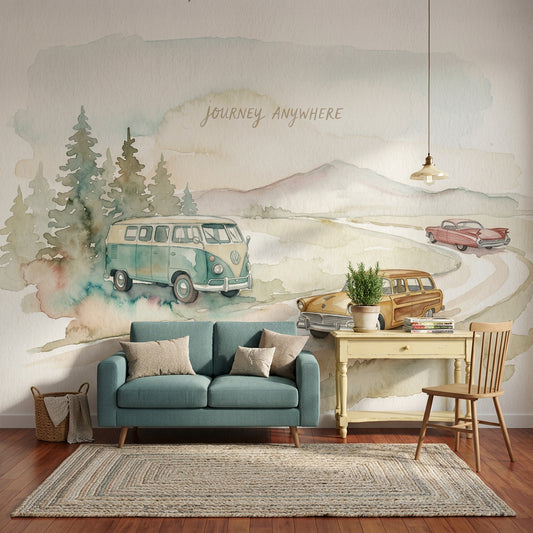 Road Trip Wallpaper Watercolor Vintage Cars Wall Mural