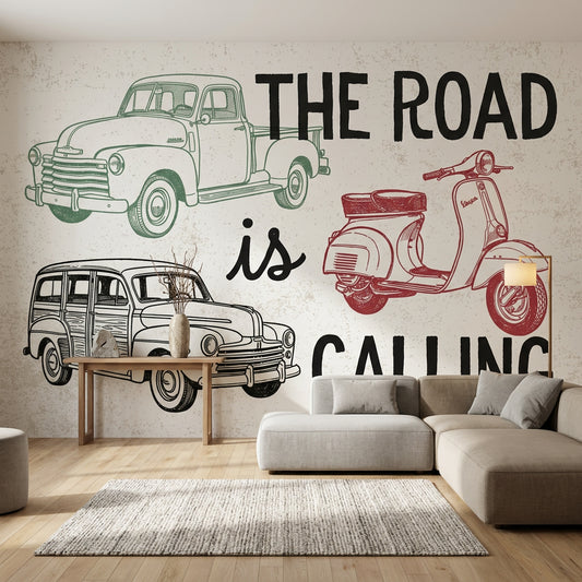 Muted Green Wallpaper Road Trip Removable Vintage Vehicle Wall Decor