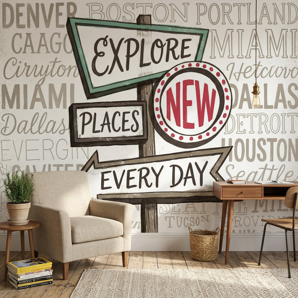 Travel Typography Wallpaper Signpost Explore Wall Mural