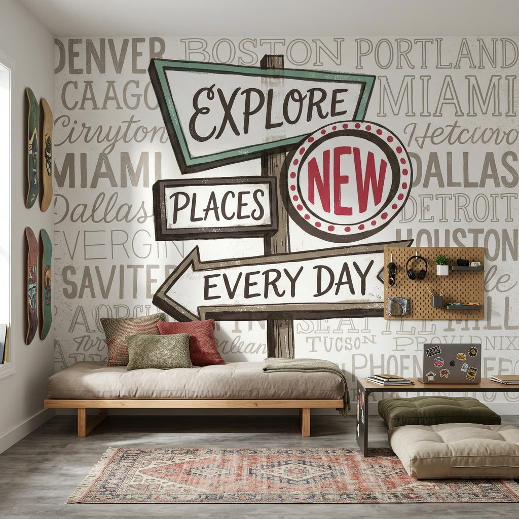 Travel Typography Wallpaper Signpost Explore Wall Mural