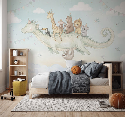 Flying Dragon Wallpaper Pastel Nursery Removable Wall Decor