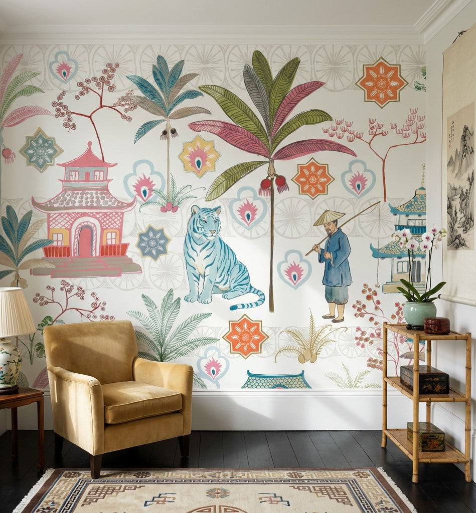 White Background Wallpaper Chinoiserie Removable Tropical Wall Decor