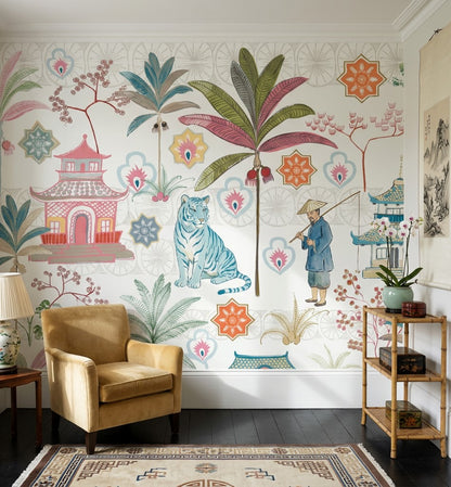 White Background Wallpaper Chinoiserie Removable Tropical Wall Decor
