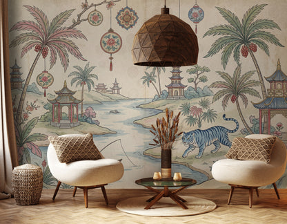 Asian Landscape Wallpaper Pagoda River Scene Wall Mural
