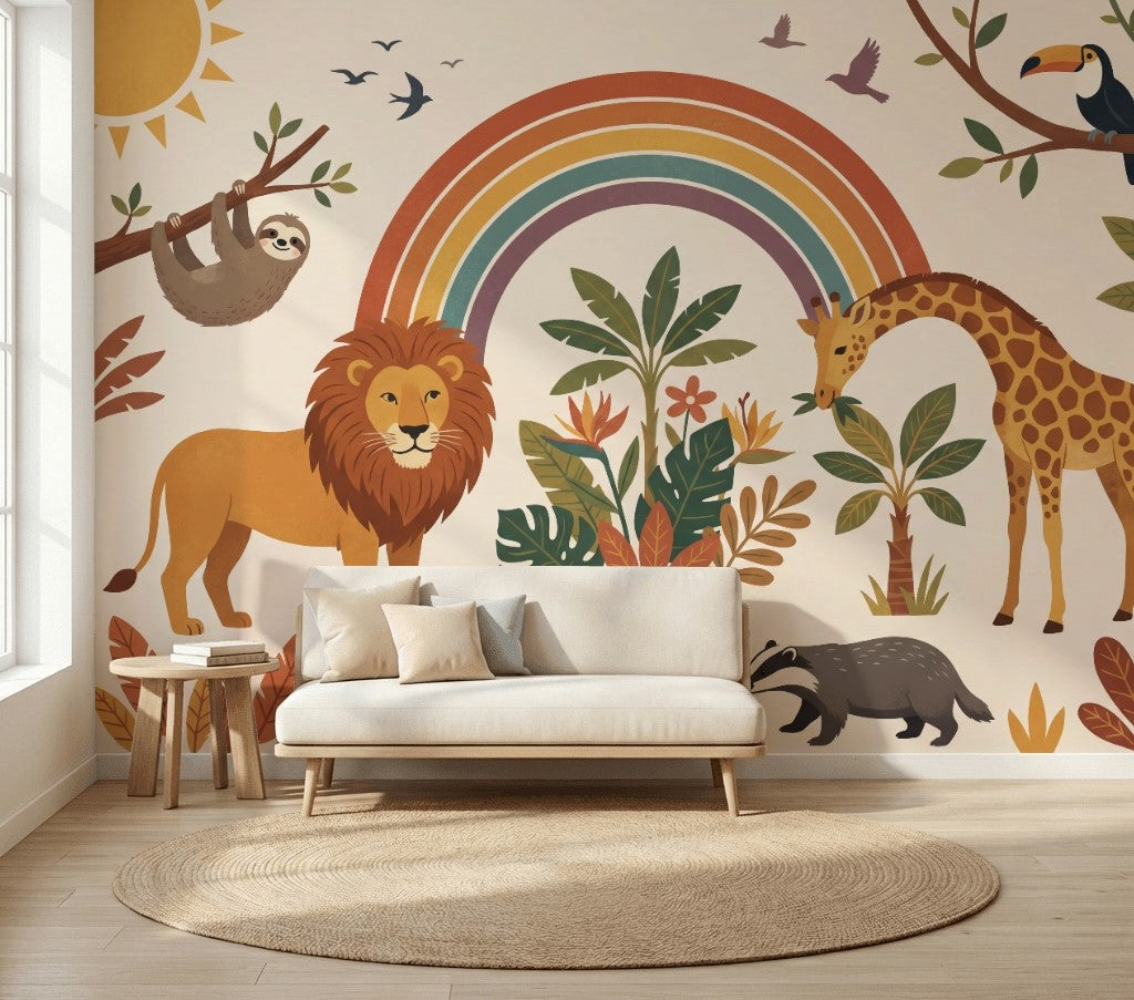 Safari Animals Wallpaper Rainbow Removable Tropical Foliage Wall Decor