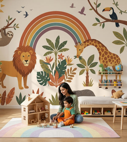 Safari Animals Wallpaper Rainbow Removable Tropical Foliage Wall Decor