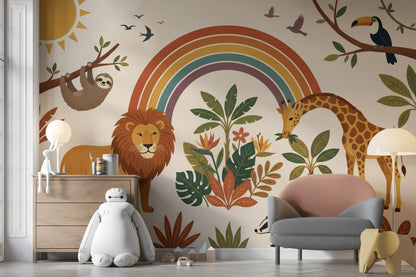 Safari Animals Wallpaper Rainbow Removable Tropical Foliage Wall Decor