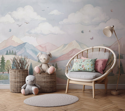 Pastel Watercolor Wallpaper Mountain Landscape Rolling Hills Wall Mural
