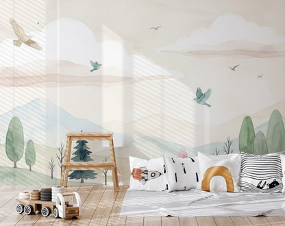 White Background Wallpaper Minimal Landscape Removable Watercolor Wall Decor