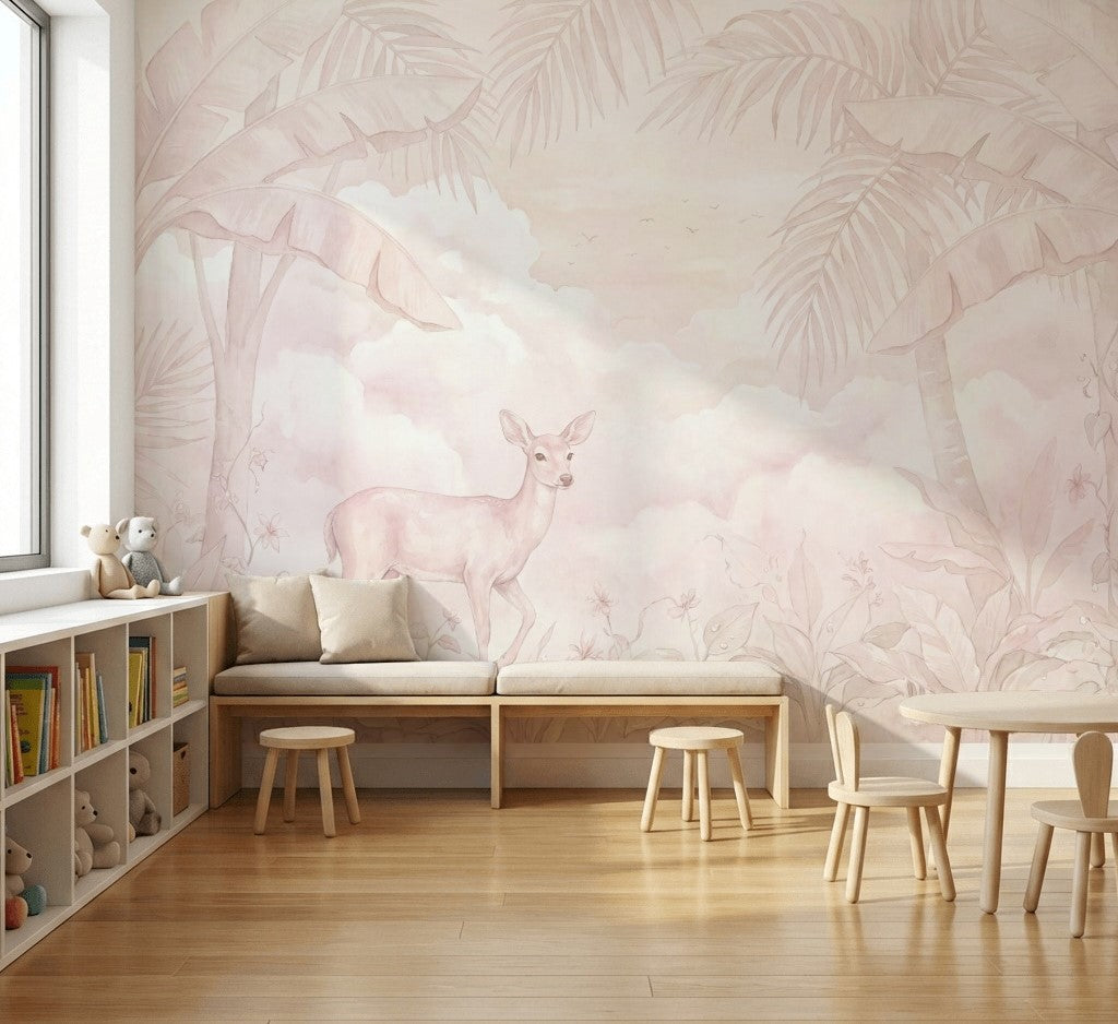 Pastel Tropical Landscape Wallpaper Deer Fawn Palm Trees Wall Mural
