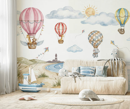 Coastal Landscape Wallpaper Watercolor Hot Air Balloons Wall Mural