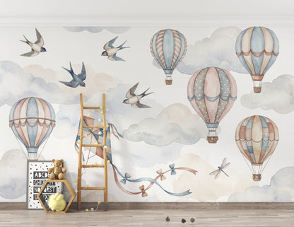Hot Air Balloons Wallpaper Pastel Sky Removable Watercolor Clouds Wall Decor