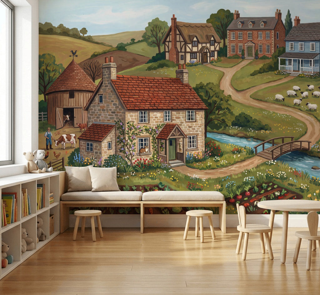 Countryside Landscape Wallpaper Farmhouse Village Stone Cottage Wall Mural