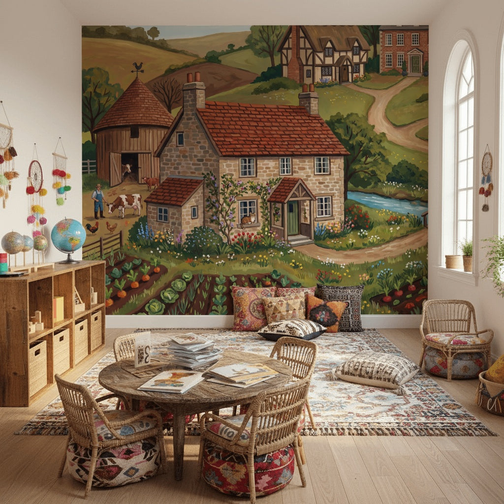 Countryside Landscape Wallpaper Farmhouse Village Stone Cottage Wall Mural
