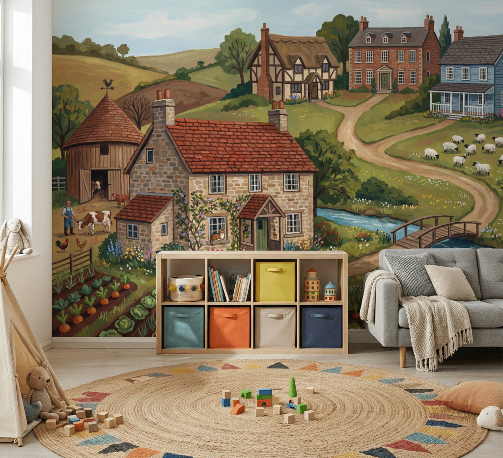 Countryside Landscape Wallpaper Farmhouse Village Stone Cottage Wall Mural