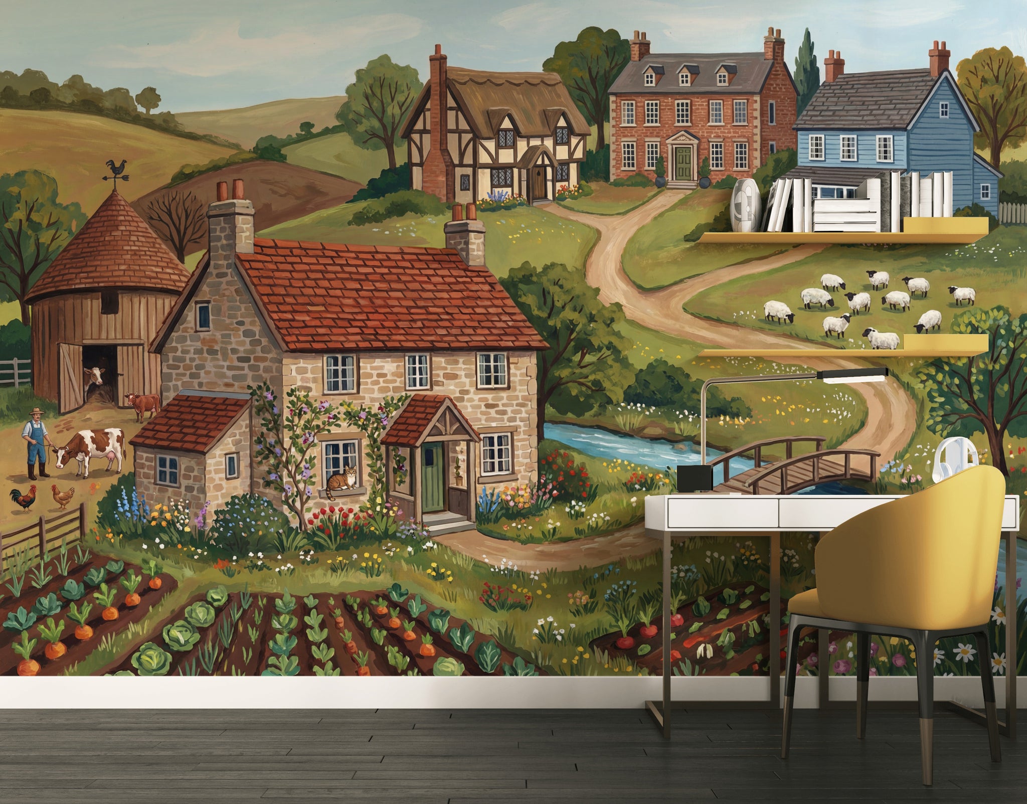 Countryside Landscape Wallpaper Farmhouse Village Stone Cottage Wall Mural