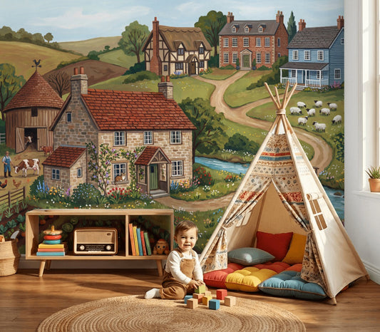 Countryside Landscape Wallpaper Farmhouse Village Stone Cottage Wall Mural