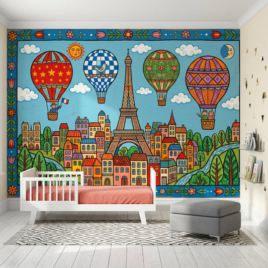 Paris Wallpaper Eiffel Tower Hot Air Balloons Removable Wall Decor