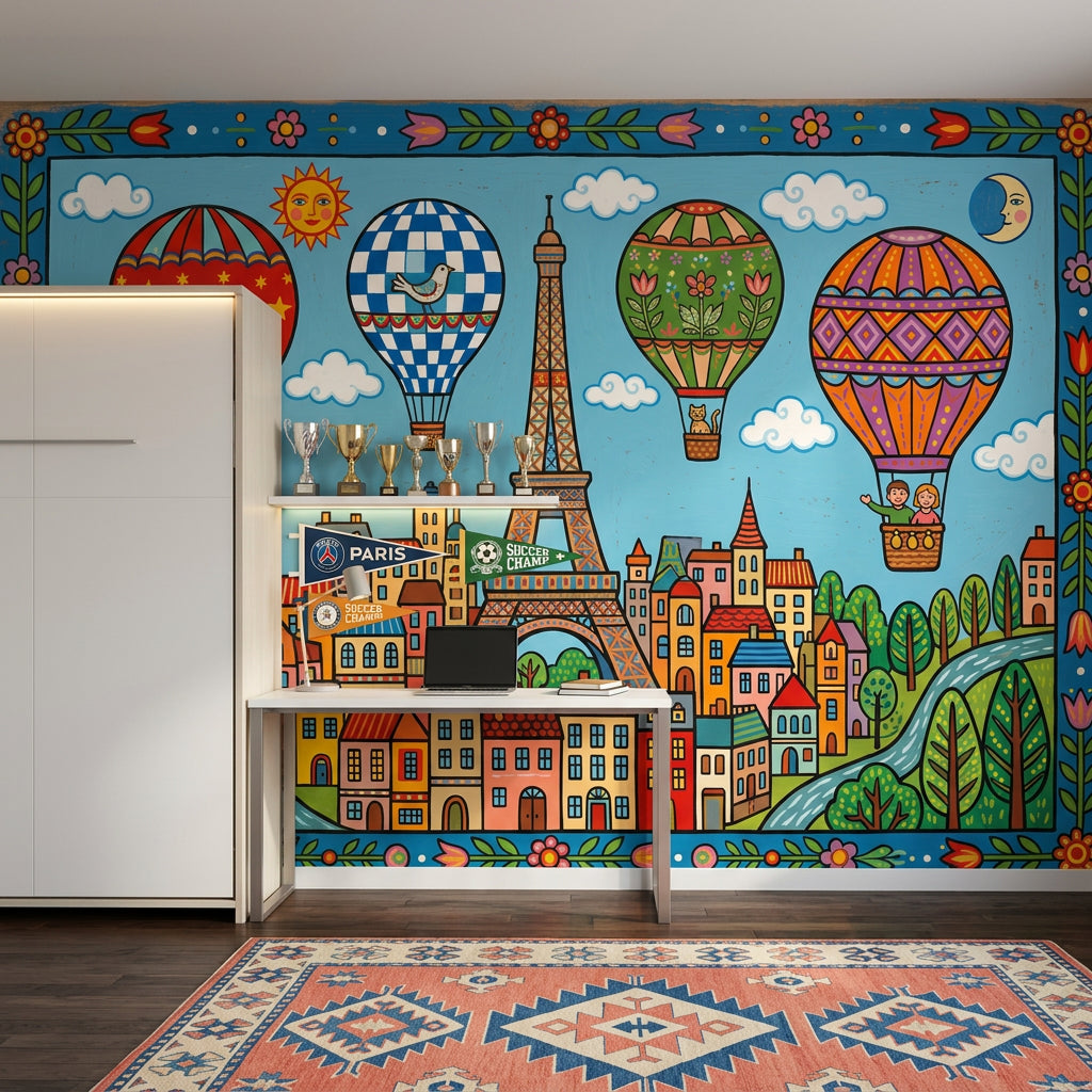 Paris Wallpaper Eiffel Tower Hot Air Balloons Removable Wall Decor