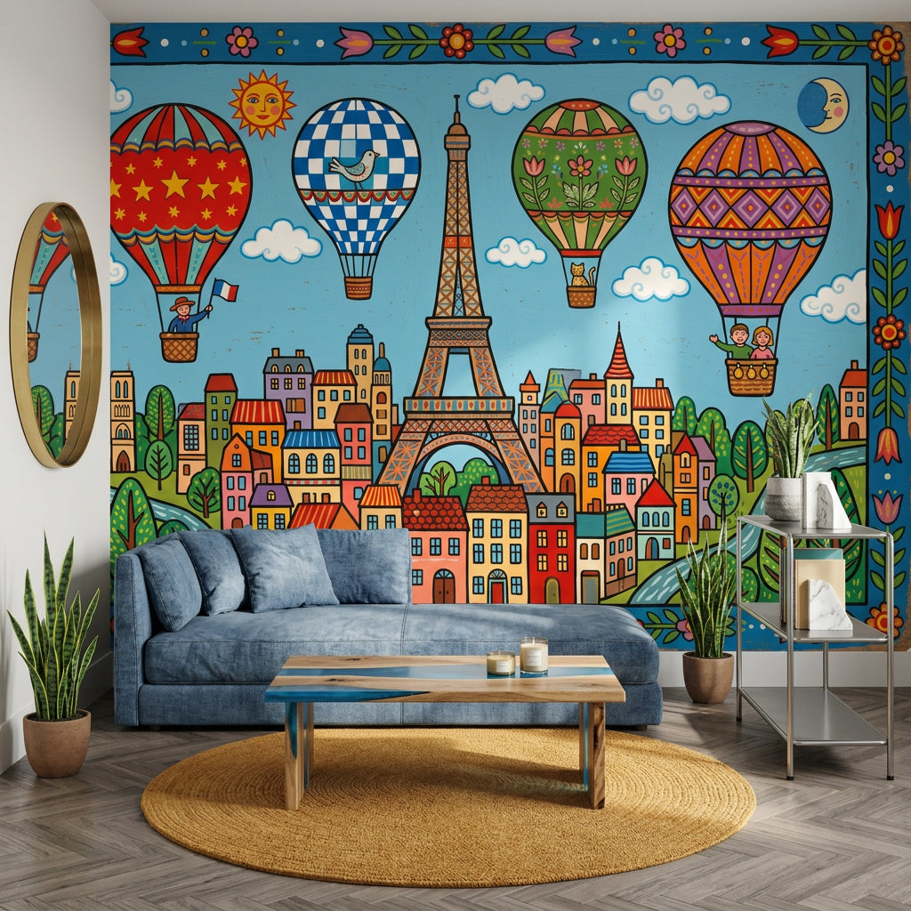 Paris Wallpaper Eiffel Tower Hot Air Balloons Removable Wall Decor