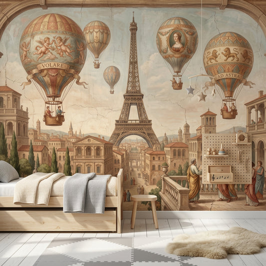 Vintage Landscape Mural Wallpaper Hot Air Balloons Removable Eiffel Tower Wall Decor