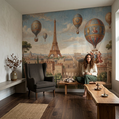 Eiffel Tower Wallpaper Paris Hot Air Balloons Removable Wall Decor