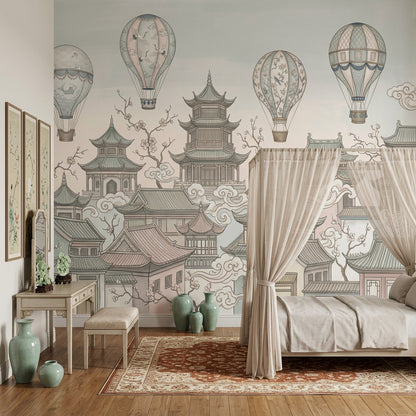 Asian Pagoda Rooftops Wallpaper Hot Air Balloons Chinoiserie Wall Mural