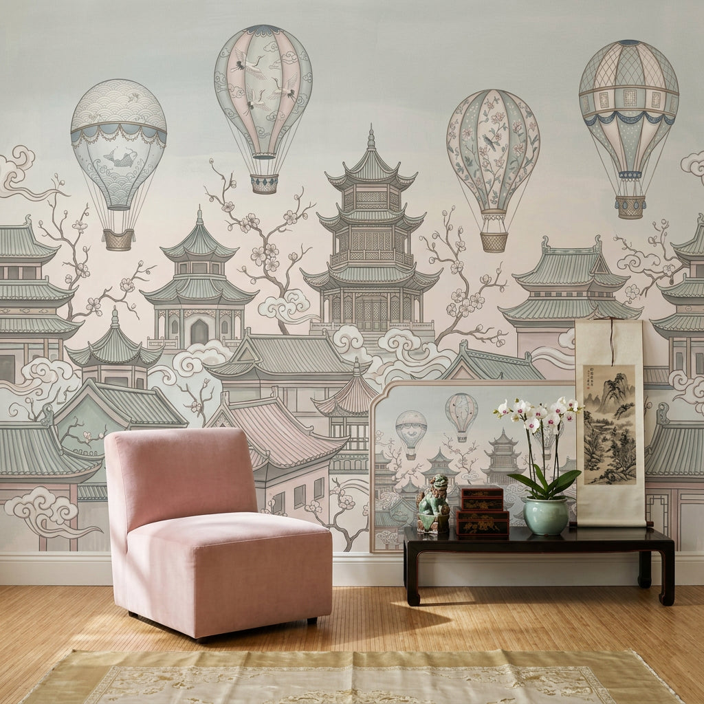 Asian Pagoda Rooftops Wallpaper Hot Air Balloons Chinoiserie Wall Mural