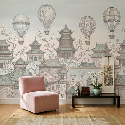 Asian Pagoda Rooftops Wallpaper Hot Air Balloons Chinoiserie Wall Mural
