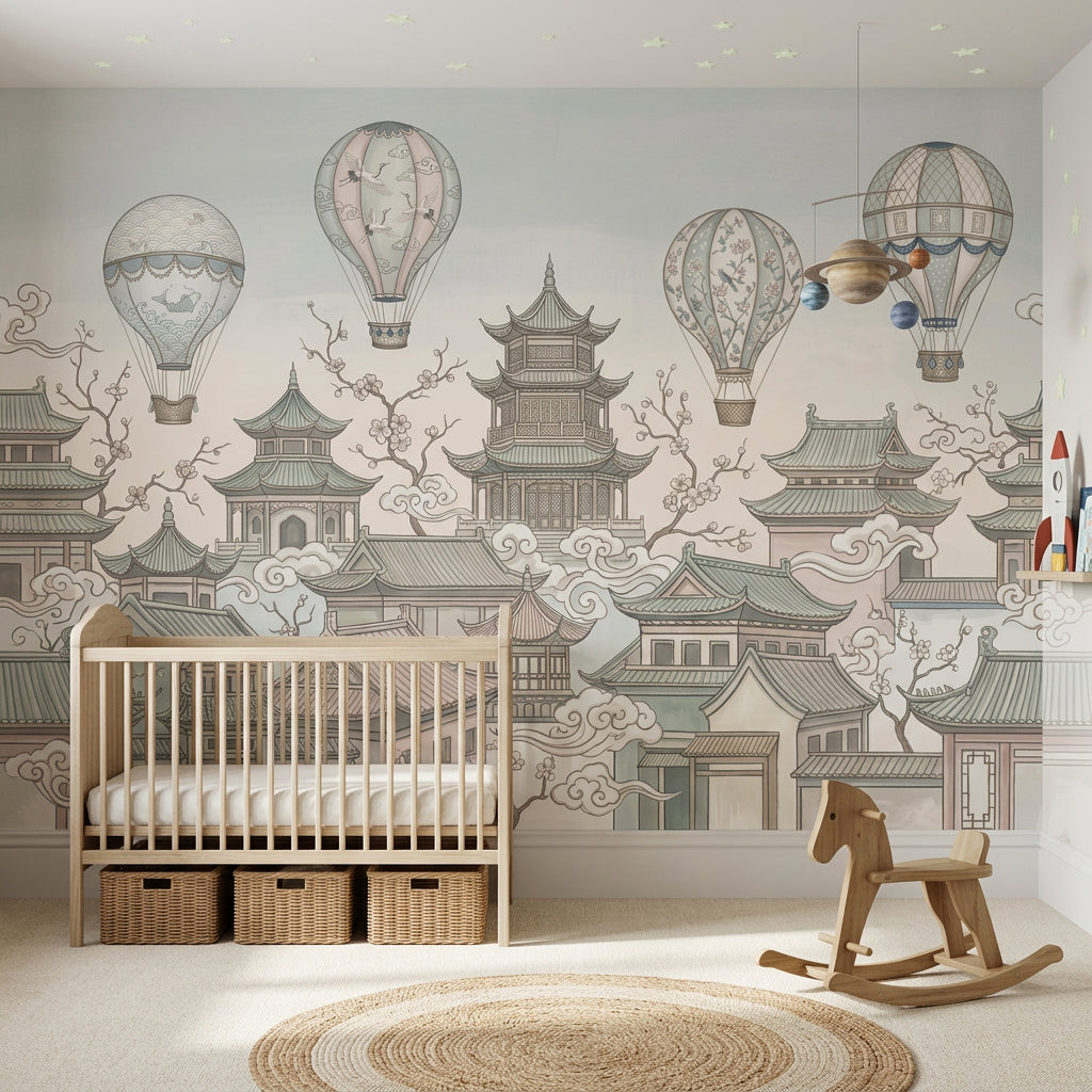 Asian Pagoda Rooftops Wallpaper Hot Air Balloons Chinoiserie Wall Mural