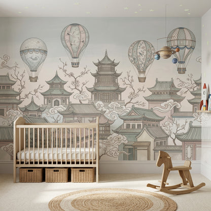 Asian Pagoda Rooftops Wallpaper Hot Air Balloons Chinoiserie Wall Mural