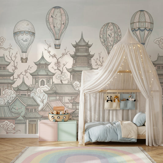 Asian Pagoda Rooftops Wallpaper Hot Air Balloons Chinoiserie Wall Mural