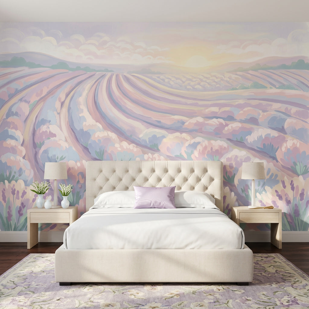 Pastel Lavender Field Wallpaper Rolling Farmland Rows Sunrise Horizon Wall Mural