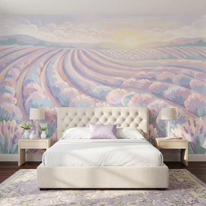Pastel Lavender Field Wallpaper Rolling Farmland Rows Sunrise Horizon Wall Mural