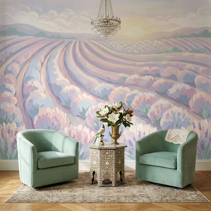 Pastel Lavender Field Wallpaper Rolling Farmland Rows Sunrise Horizon Wall Mural