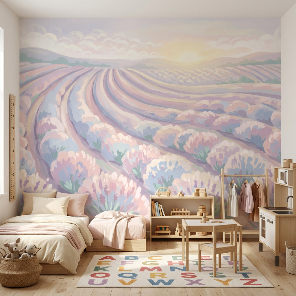 Pastel Lavender Field Wallpaper Rolling Farmland Rows Sunrise Horizon Wall Mural